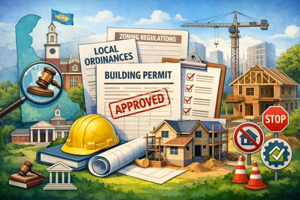 Illustration of Delaware building permit process showing local government regulation, zoning documents, construction site, and approval workflow elements