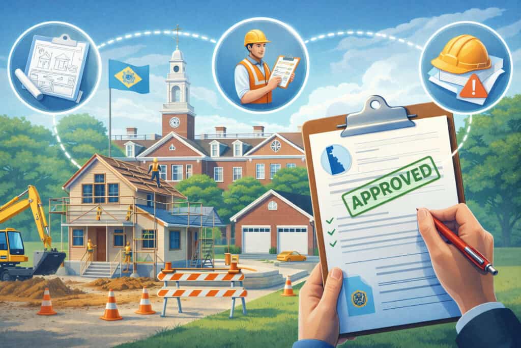 Illustration of Delaware building permit process showing a house under construction, approved permit document on clipboard, and icons representing inspections, planning, and construction compliance