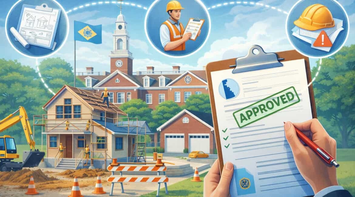 Illustration of Delaware building permit process showing a house under construction, approved permit document on clipboard, and icons representing inspections, planning, and construction compliance
