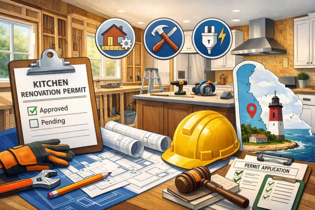 Delaware kitchen renovation scene with permit documents, construction tools, blueprint plans, and partially remodeled kitchen interior with home improvement icons