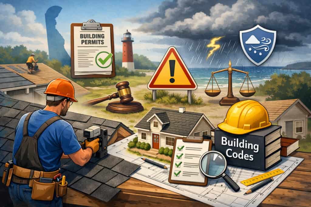 Illustration of a roofer working on a residential roof with building permits, safety symbols, legal icons, and coastal weather elements representing Delaware roofing regulations and building codes