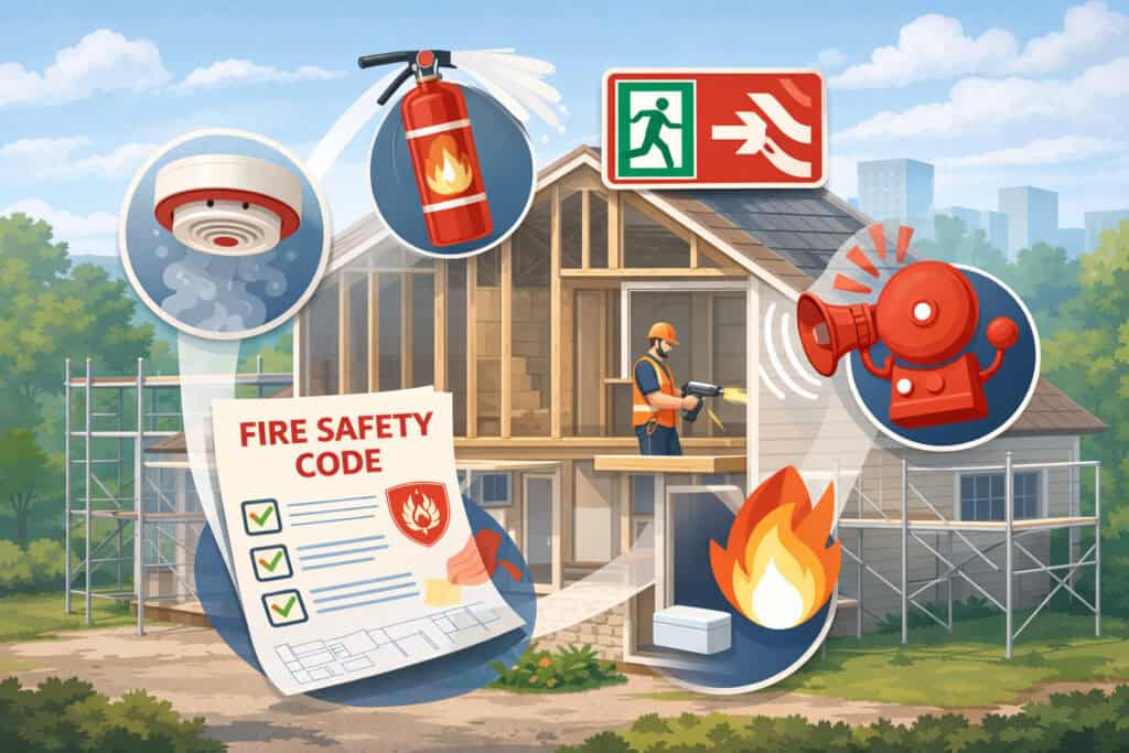 Home renovation site with fire safety elements including smoke detector, fire extinguisher, alarm system, emergency exit sign, and construction worker ensuring residential fire code compliance