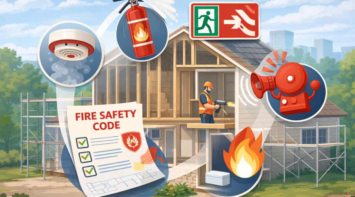 Home renovation site with fire safety elements including smoke detector, fire extinguisher, alarm system, emergency exit sign, and construction worker ensuring residential fire code compliance