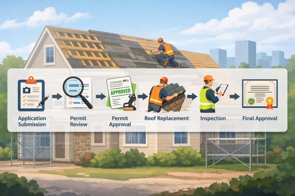 Residential roof replacement in progress with contractors installing shingles, permit inspection underway, and construction tools and checklist icons in a suburban neighborhood setting