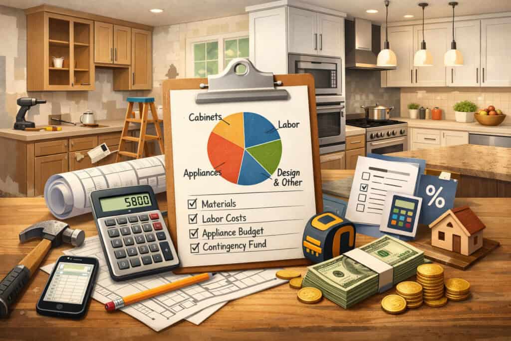 Kitchen renovation budget planning illustration with cost breakdown chart, calculator, tools, and partially remodeled kitchen background
