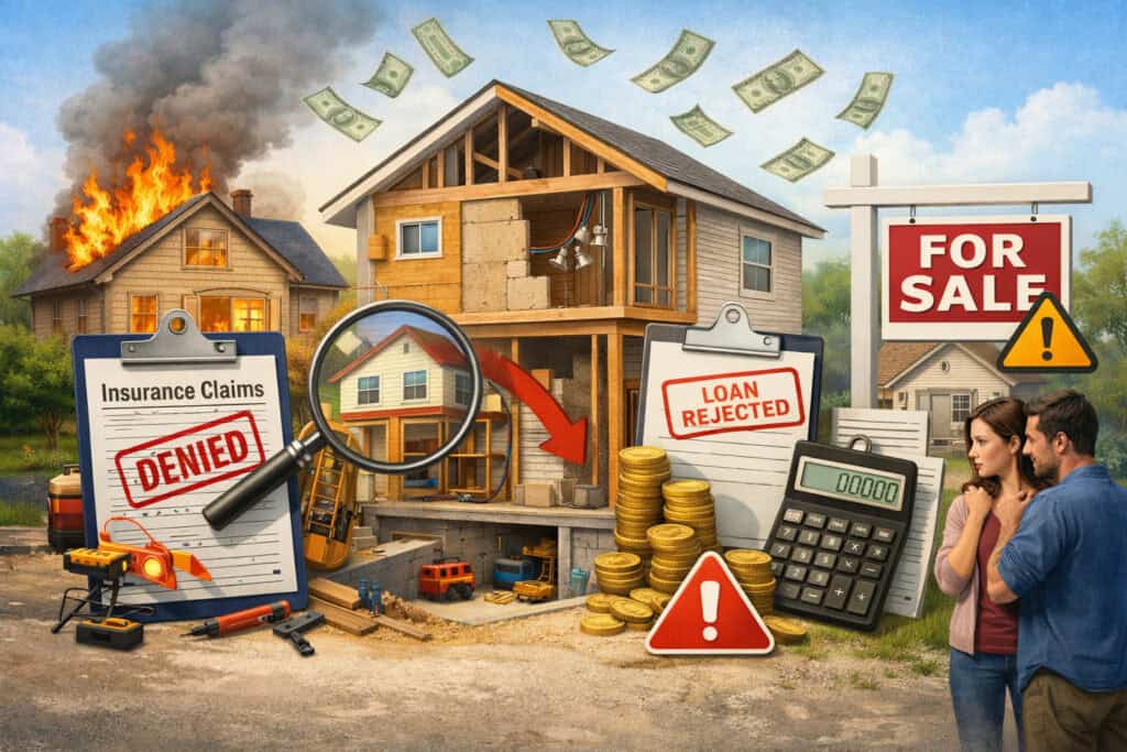 Illustration showing risks of unpermitted home renovations impacting insurance claims, property appraisal issues, loan refinancing rejection, and challenges in selling a house