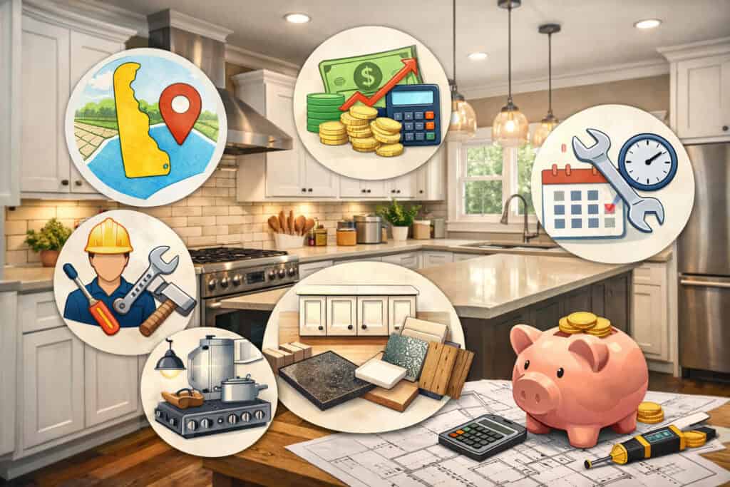 Kitchen remodel cost factors illustration showing modern kitchen with icons for budgeting, materials, contractor tools, appliances, timeline, and Delaware location indicator