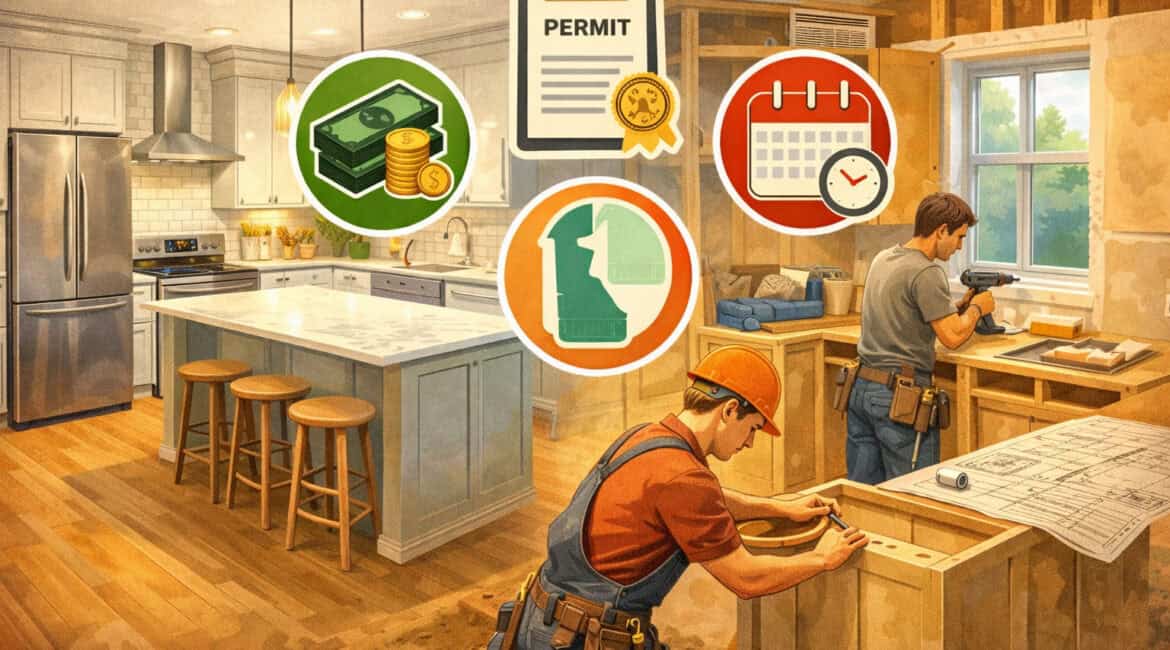 Illustration of a kitchen renovation showing modern finished kitchen alongside construction work, with visual icons representing costs, permits, and project timeline in Delaware
