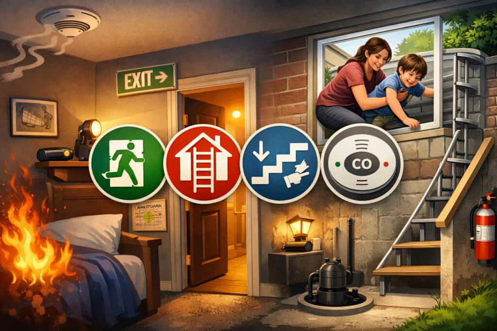 Emergency home safety illustration showing bedroom fire, clear exit route, smoke detector, basement egress window escape, and fire safety equipment
