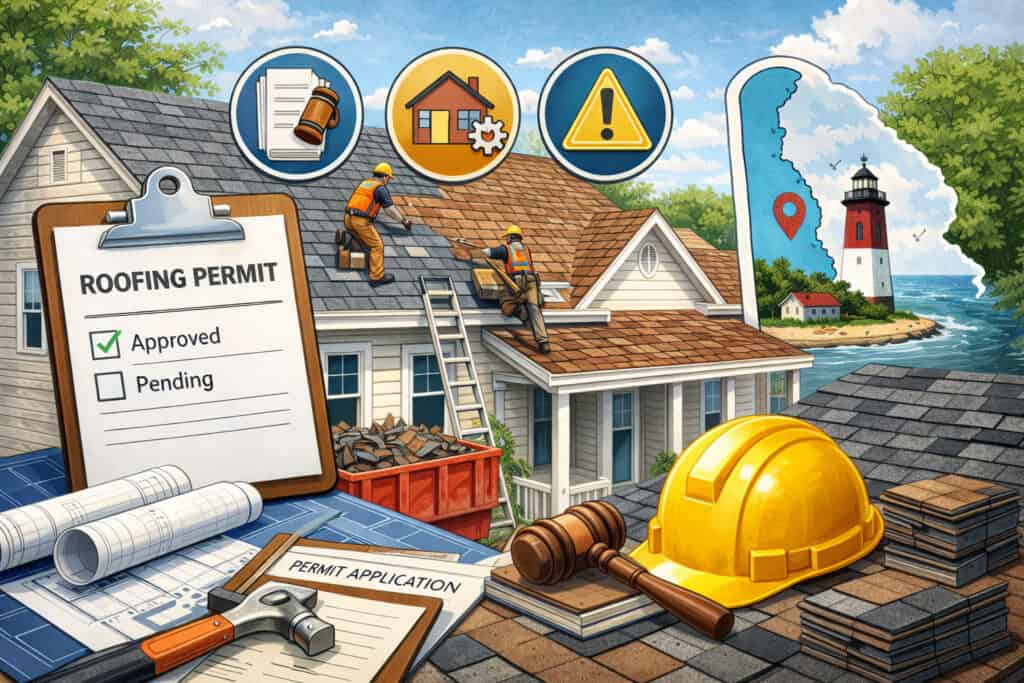 Delaware roofing replacement scene with workers installing shingles, permit documents, construction tools, and home improvement icons highlighting building regulations