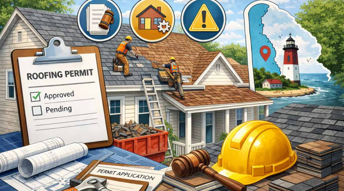 Delaware roofing replacement scene with workers installing shingles, permit documents, construction tools, and home improvement icons highlighting building regulations