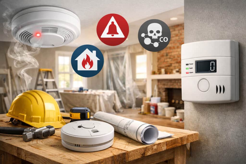 Smoke alarm and carbon monoxide detector installed during home renovation with safety icons and construction tools visible in background
