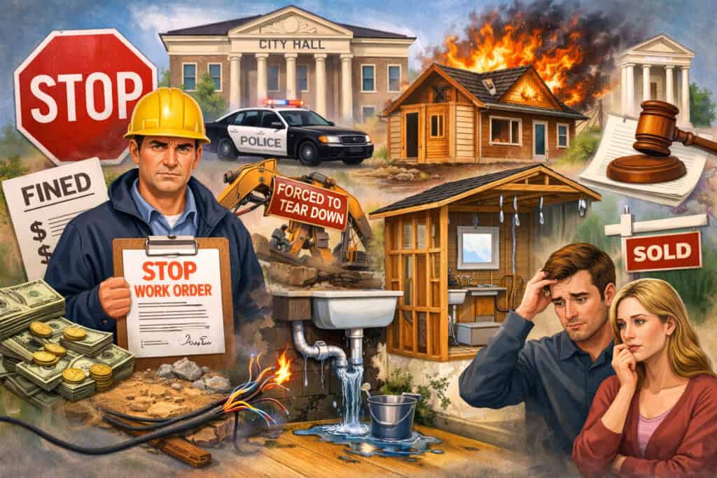 Illustration of homeowner facing fines and legal consequences after unpermitted home renovation, with building inspector issuing stop work order, damaged house, and safety hazards visible
