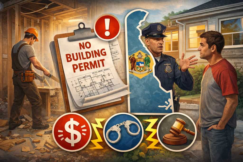 Home renovation without permit illustration showing construction work, warning symbols, fines, legal consequences, and homeowner speaking with authority figure in Delaware