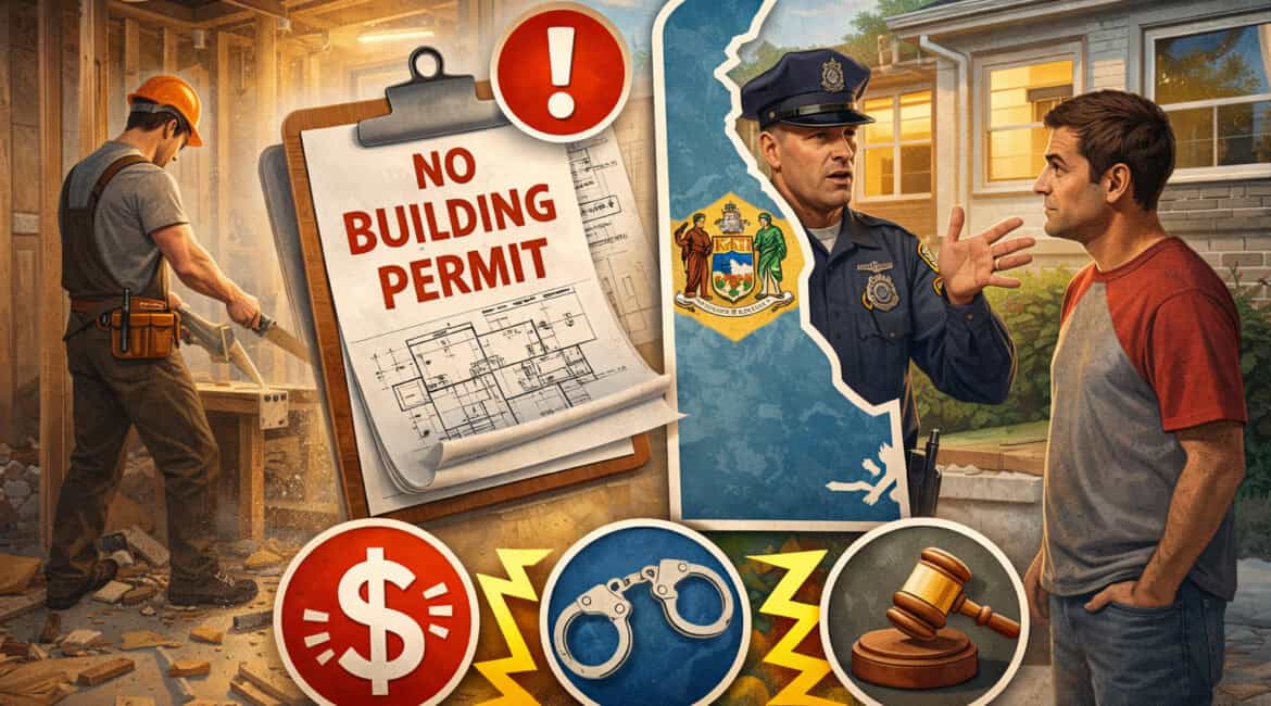 Home renovation without permit illustration showing construction work, warning symbols, fines, legal consequences, and homeowner speaking with authority figure in Delaware