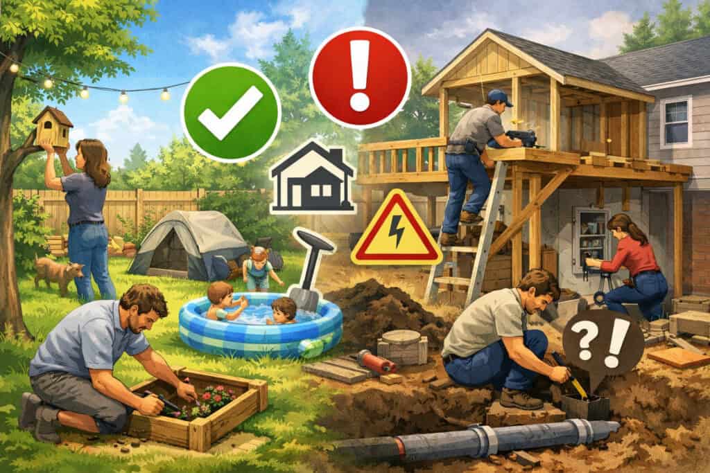 Illustration showing backyard activities that may not require permits contrasted with construction work and safety risks, highlighting how assumptions about permits can lead to problems
