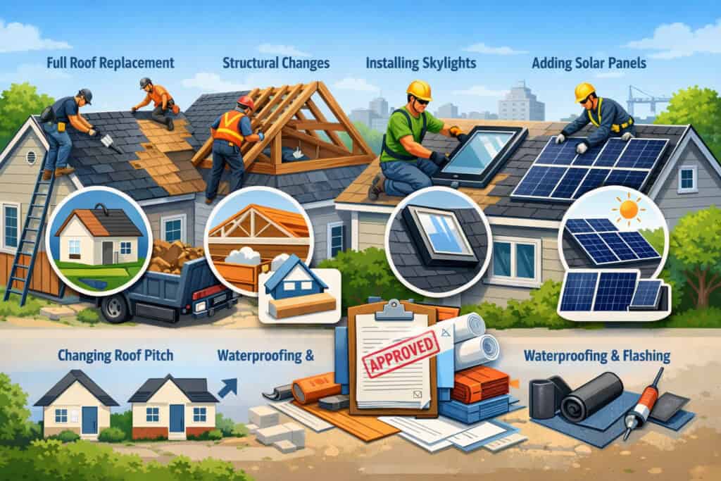 Illustration of residential roofing projects requiring permits, including roof replacement, structural modifications, skylight installation, solar panel setup, and waterproofing work with construction workers and tools visible