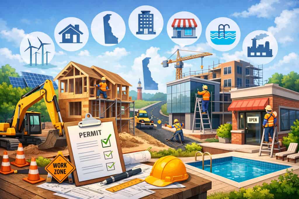 Illustration of residential and commercial construction projects in Delaware with workers, equipment, permit checklist, and infrastructure development icons in the background