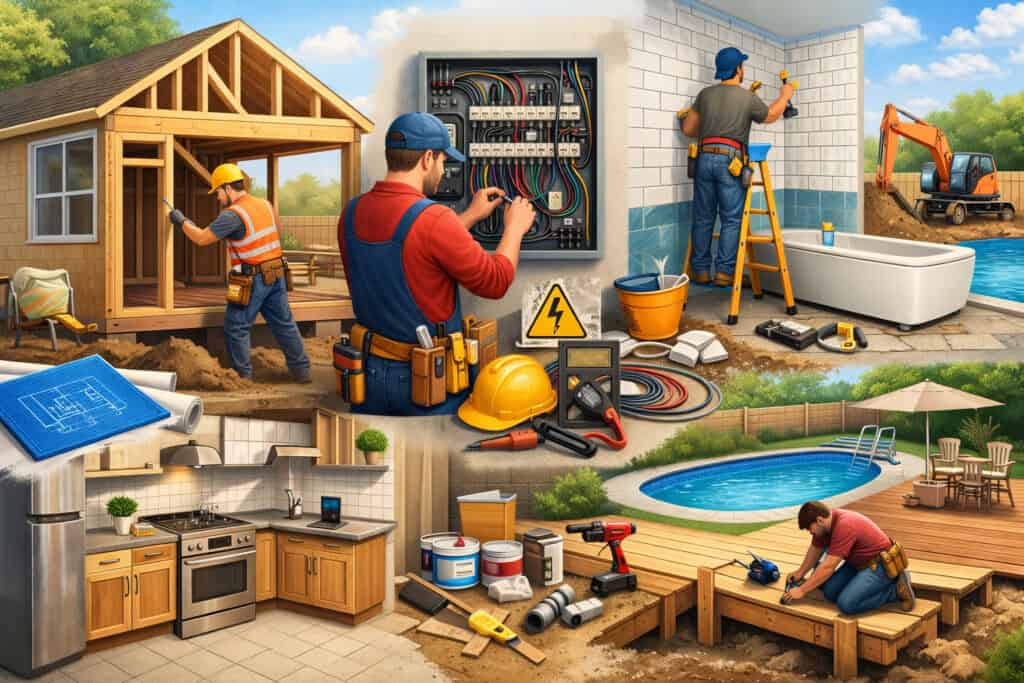 Illustration of residential renovation projects requiring permits, including home addition framing, electrical panel work, bathroom remodeling, kitchen upgrade, deck construction, and backyard pool installation