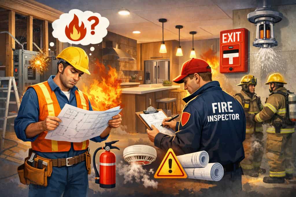 Fire inspector reviewing renovation plans with construction worker amid active remodeling site showing fire hazards, sprinkler system, exit sign, and safety equipment in the background