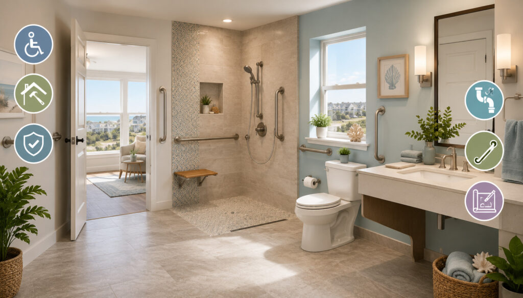 ADA-compliant bathroom remodel with curbless shower, grab bars, accessible vanity, and safety features