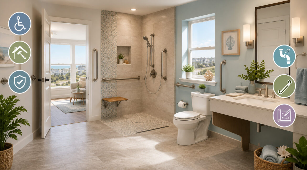 ADA-compliant bathroom remodel with curbless shower, grab bars, accessible vanity, and safety features