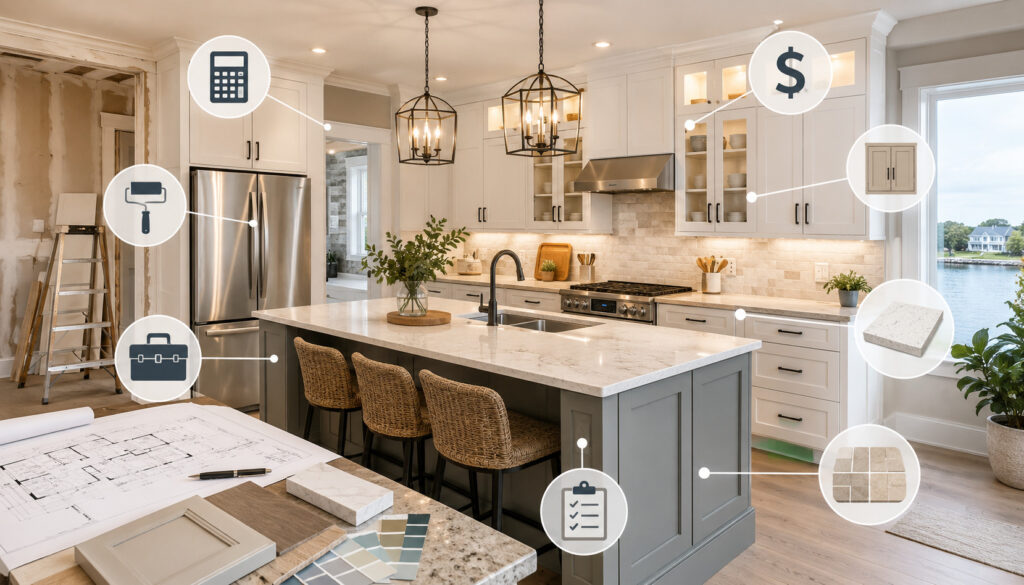 Modern Delaware kitchen remodel with budgeting, material, and renovation icons