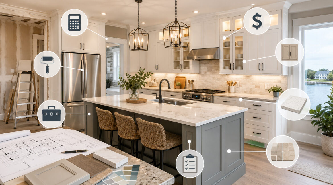 Modern Delaware kitchen remodel with budgeting, material, and renovation icons