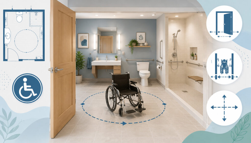 Accessible bathroom layout with wide doorway and wheelchair clearance