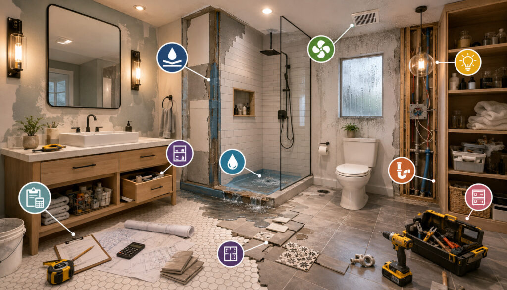 Bathroom remodel showing waterproofing, ventilation, plumbing, tile, lighting, and layout mistakes