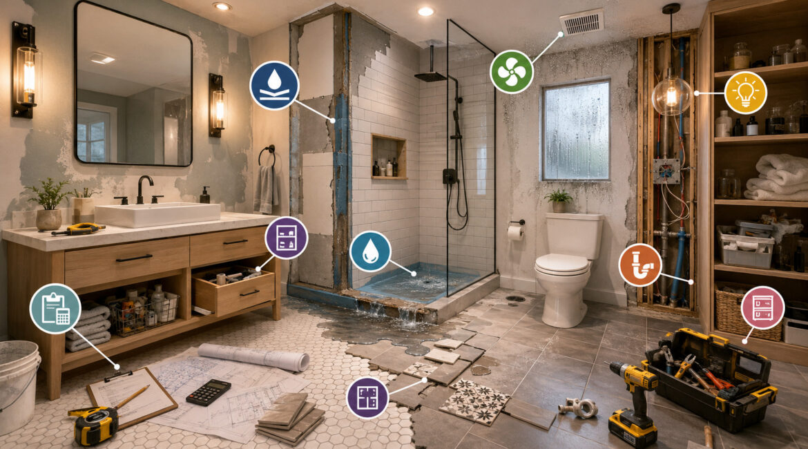 Bathroom remodel showing waterproofing, ventilation, plumbing, tile, lighting, and layout mistakes