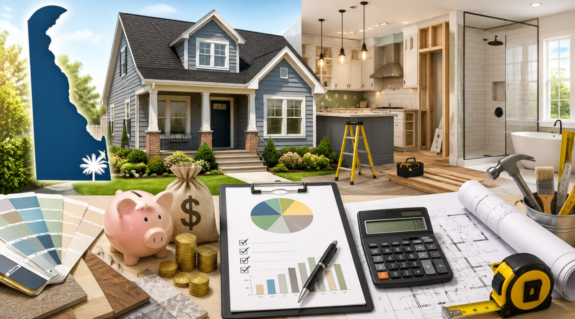 Delaware home renovation budgeting with calculator, blueprints, and tools