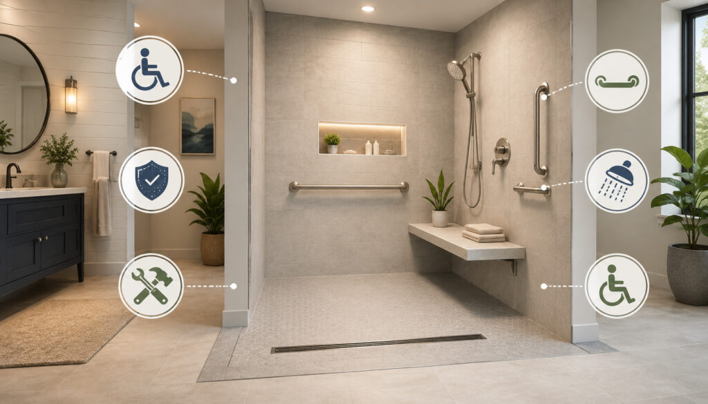 Accessible curbless walk-in shower with grab bars, bench, and handheld showerhead