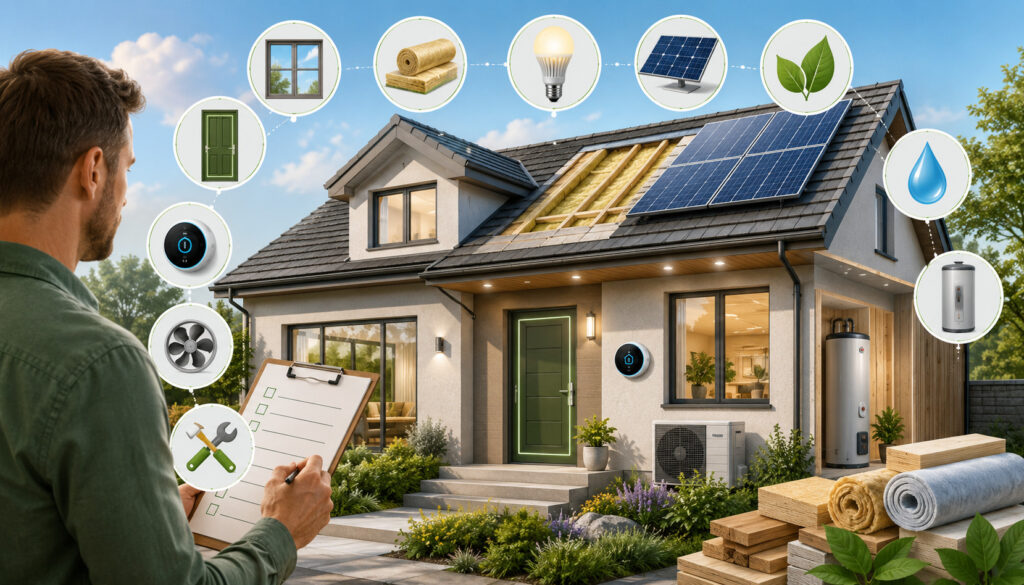 Energy-efficient home renovation checklist with solar panels, insulation, smart thermostat, and eco-friendly upgrades