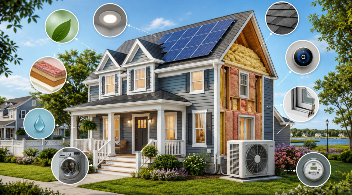 Energy-efficient Delaware home with solar panels, insulation, smart thermostat, efficient windows, and heat pump