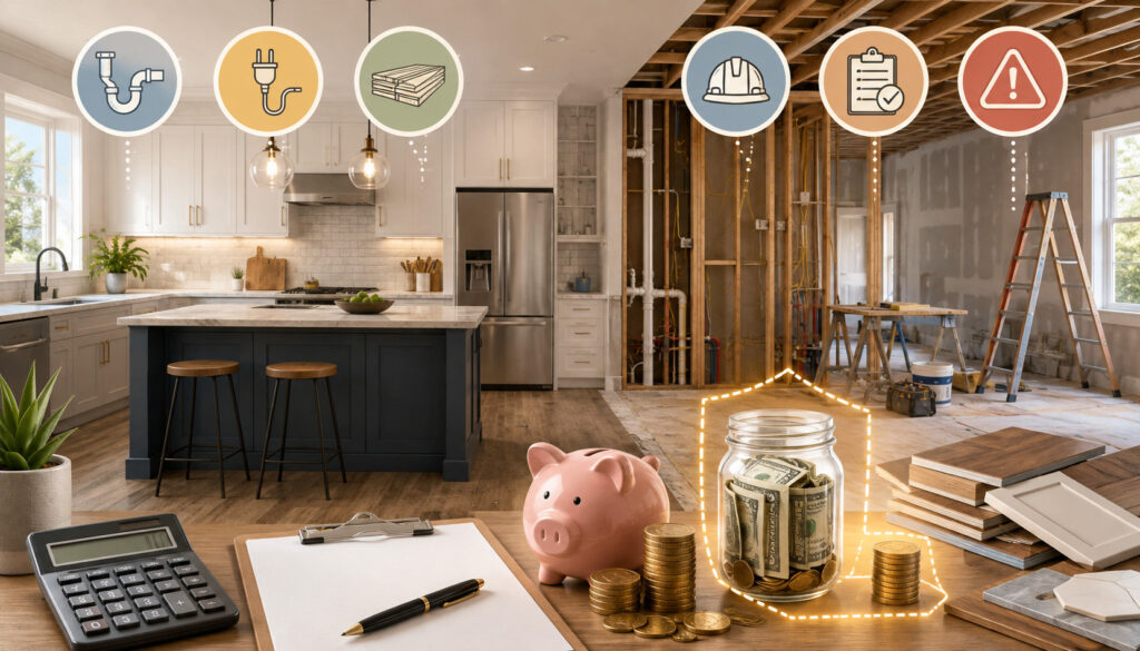 Kitchen remodel contingency budget with hidden cost icons and renovation expenses