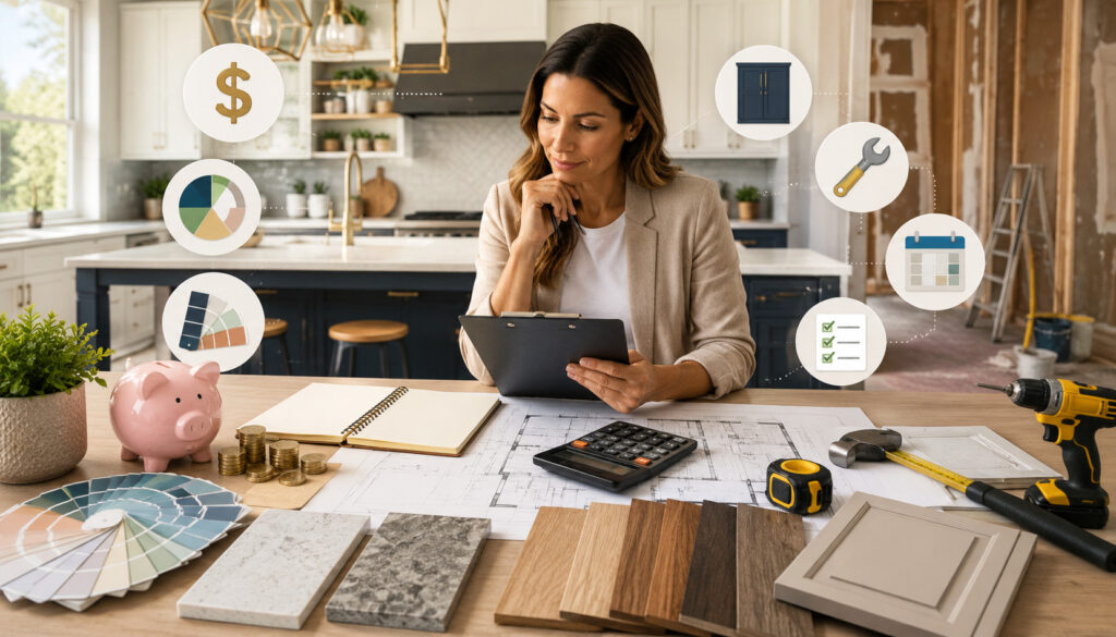 Woman planning and controlling a kitchen remodel budget with samples, tools, and a calculator