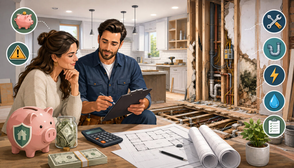 Homeowners planning a contingency budget for hidden renovation costs