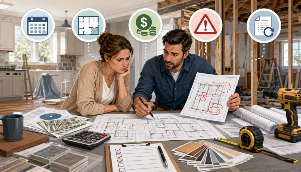 Homeowners reviewing renovation plans, budget, scope, and change orders