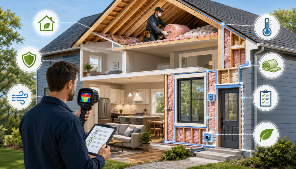 Home energy audit showing air sealing and insulation upgrades