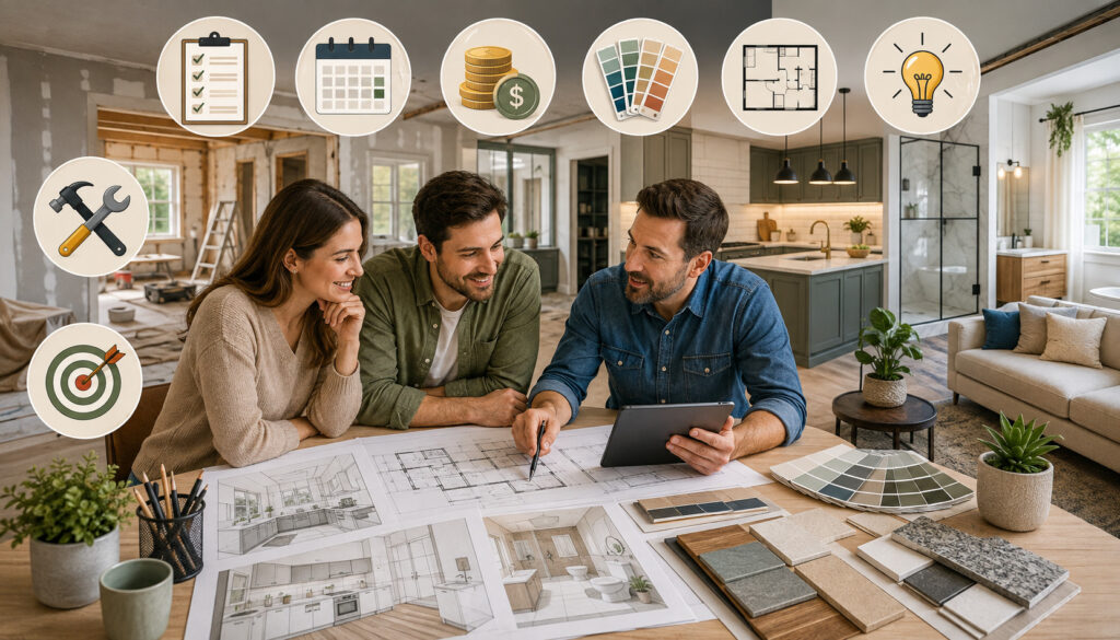 Homeowners and a contractor planning renovation goals and priorities