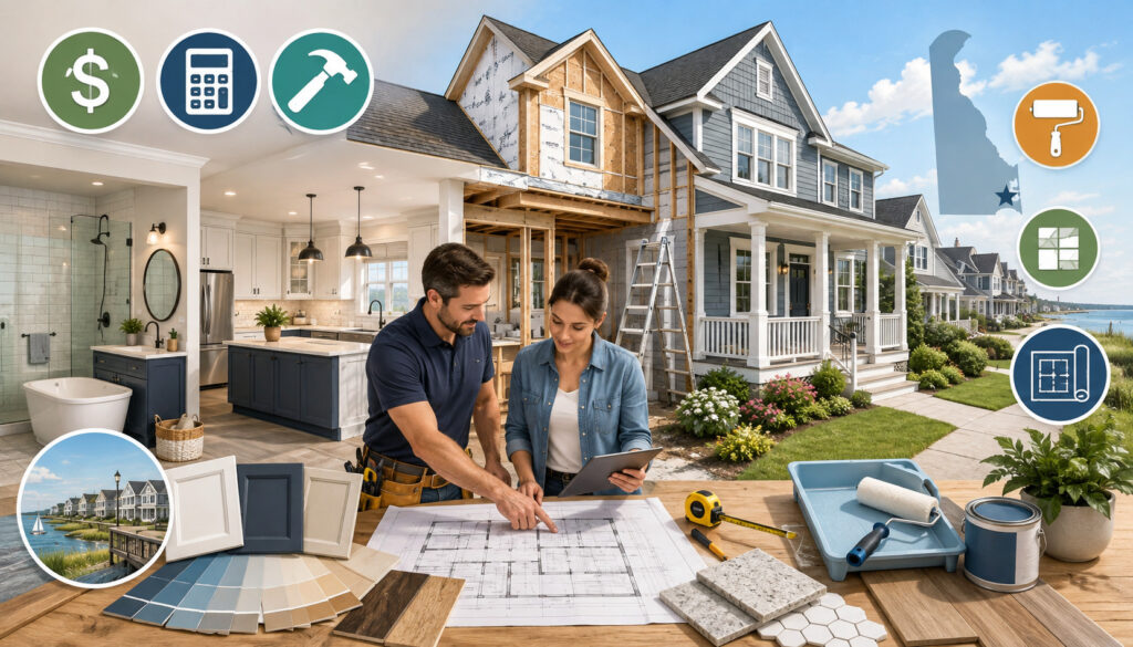 Delaware home renovation cost planning with contractor, blueprints, tools, and material samples