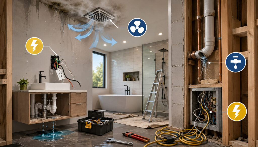 Bathroom renovation showing ventilation, plumbing, and electrical mistakes