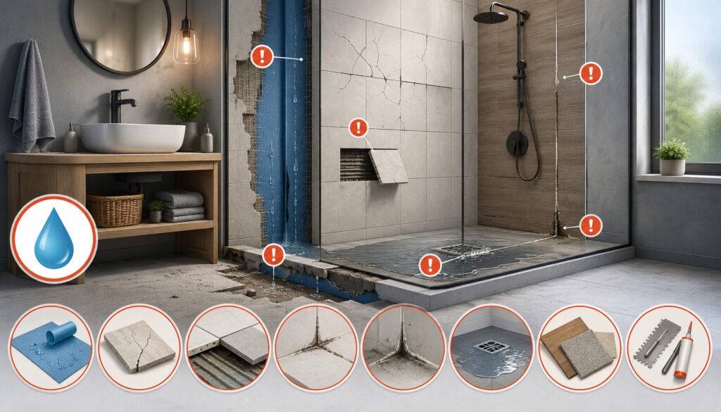 Bathroom shower showing waterproofing, tile, material, and drainage mistakes