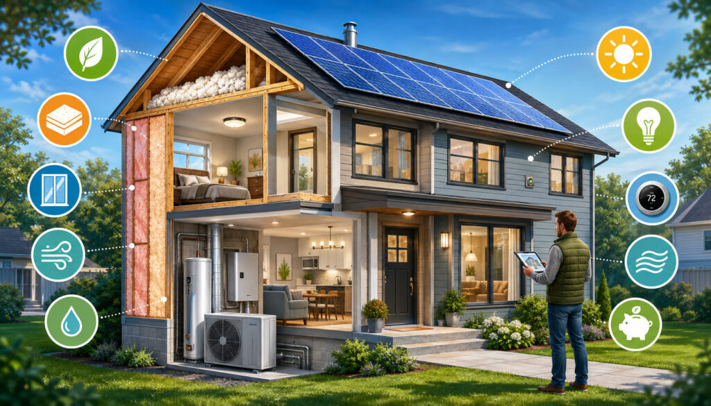 Energy-efficient home renovations with solar panels, insulation, smart controls, and efficient HVAC