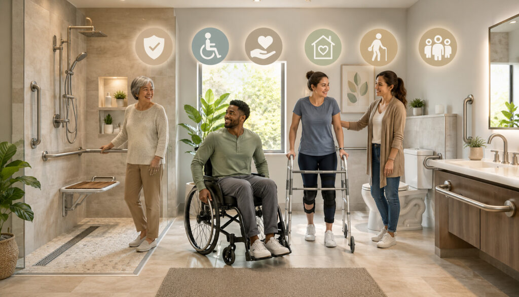 Accessible bathroom with seniors, wheelchair user, walker, caregiver, and safety features