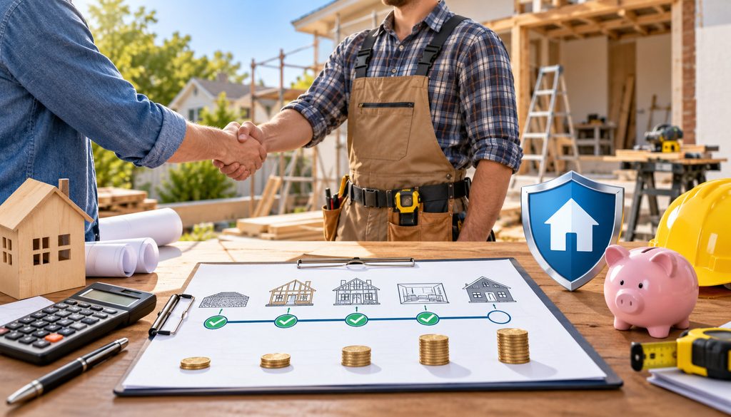 Homeowner and contractor reviewing a milestone-based renovation payment schedule