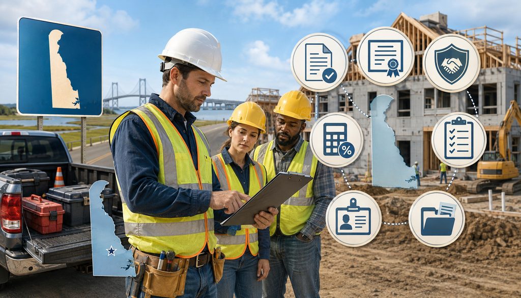 Out-of-state contractors reviewing Delaware registration requirements at a construction site